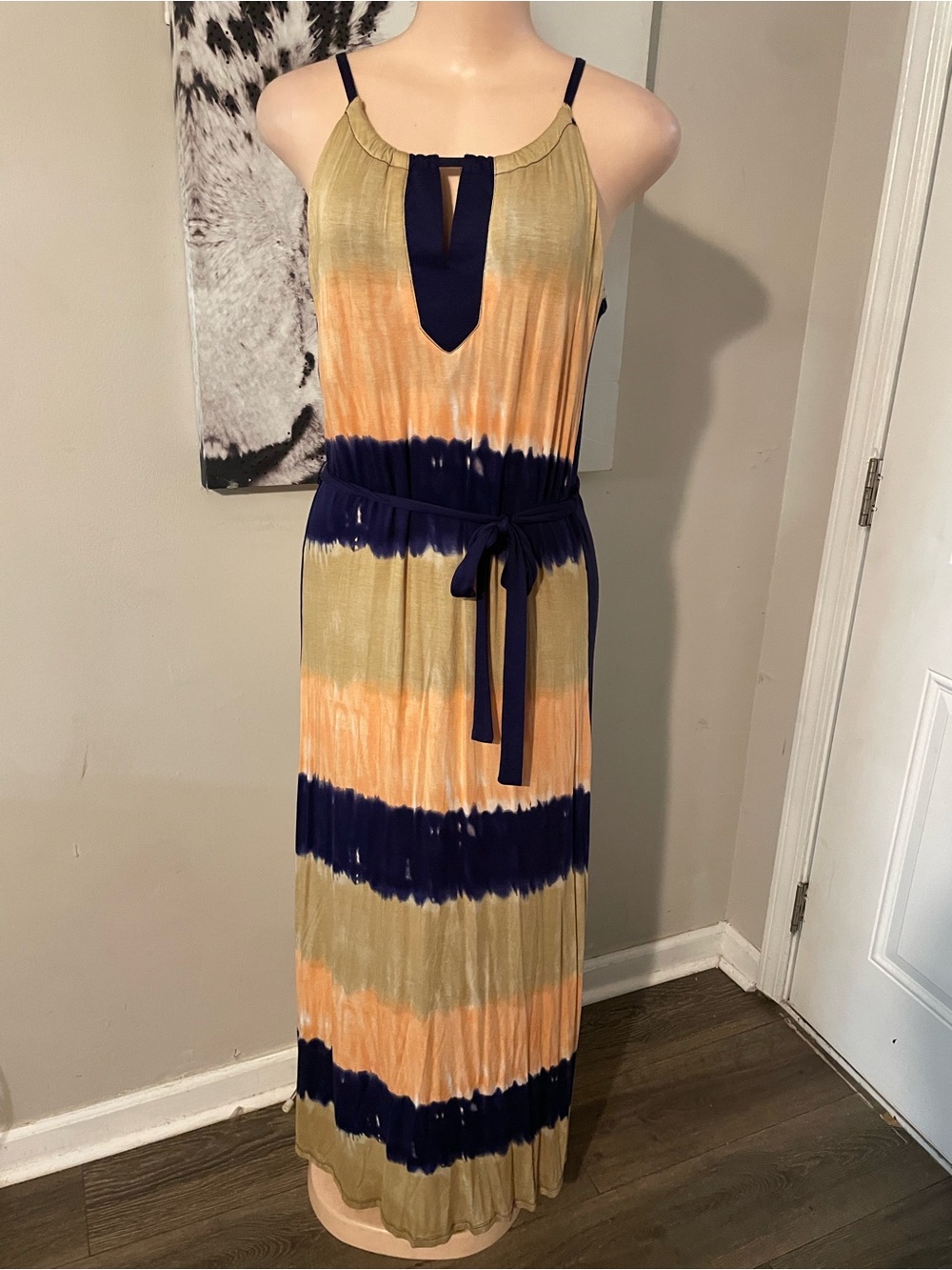 Design History Tie-Dye Sleeveless Maxi Dress with Waist Tie keyhole cutout L